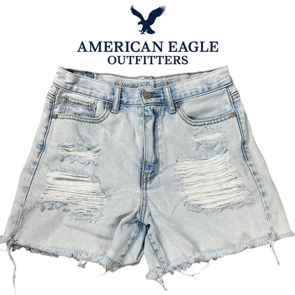 American Eagle Outfitters Pants - American Eagle Jean Denim Mom Shorts Light Wash Distressed Frayed 2 High Rise